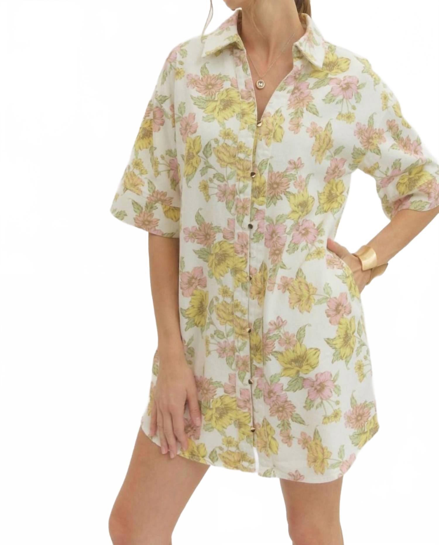 Floral Mini Shirt Dress In Pink And Yellow