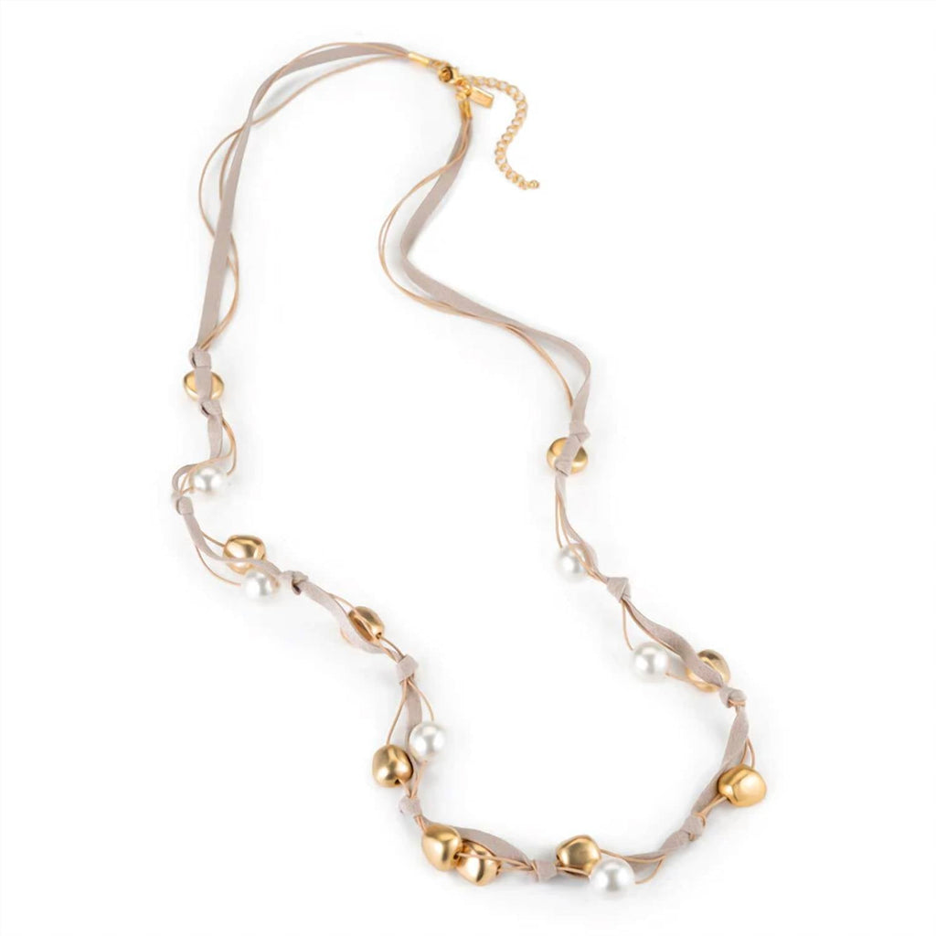 Bead And Pearl Suede Long Layer Necklace In Matte Gold/white/natural Putty