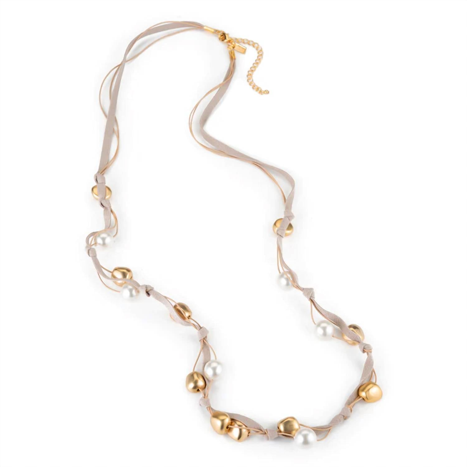 Bead And Pearl Suede Long Layer Necklace In Matte Gold/white/natural Putty