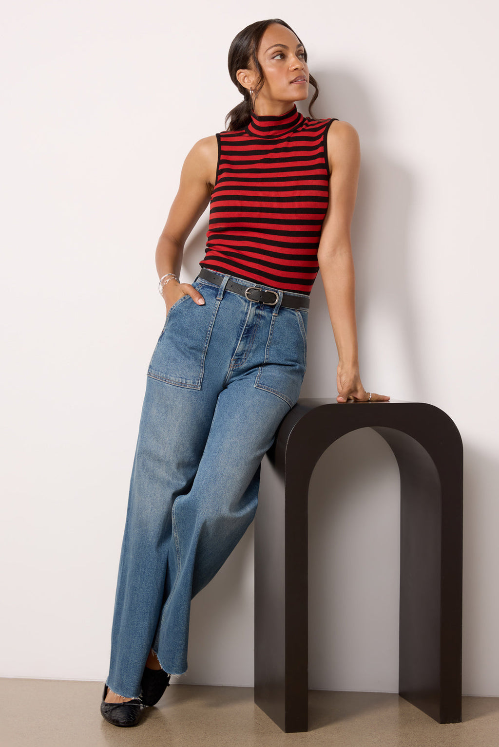 Women's Essential Stripe Sleeveless Mock Neck Top
