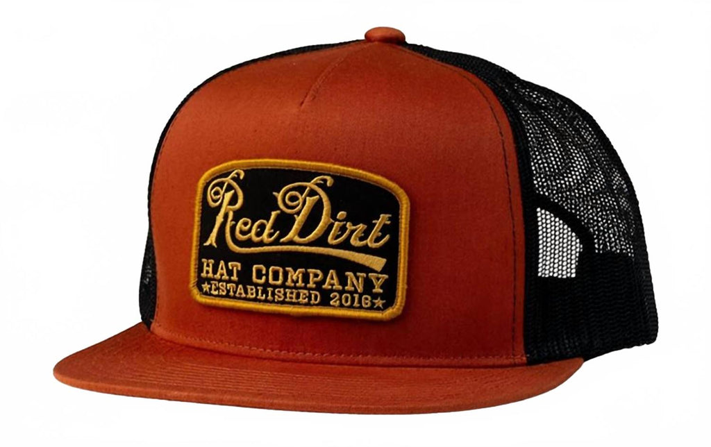 Guitar Patch 5 Panel Flat Trucker Snapback Cap In Burnt Orange/black