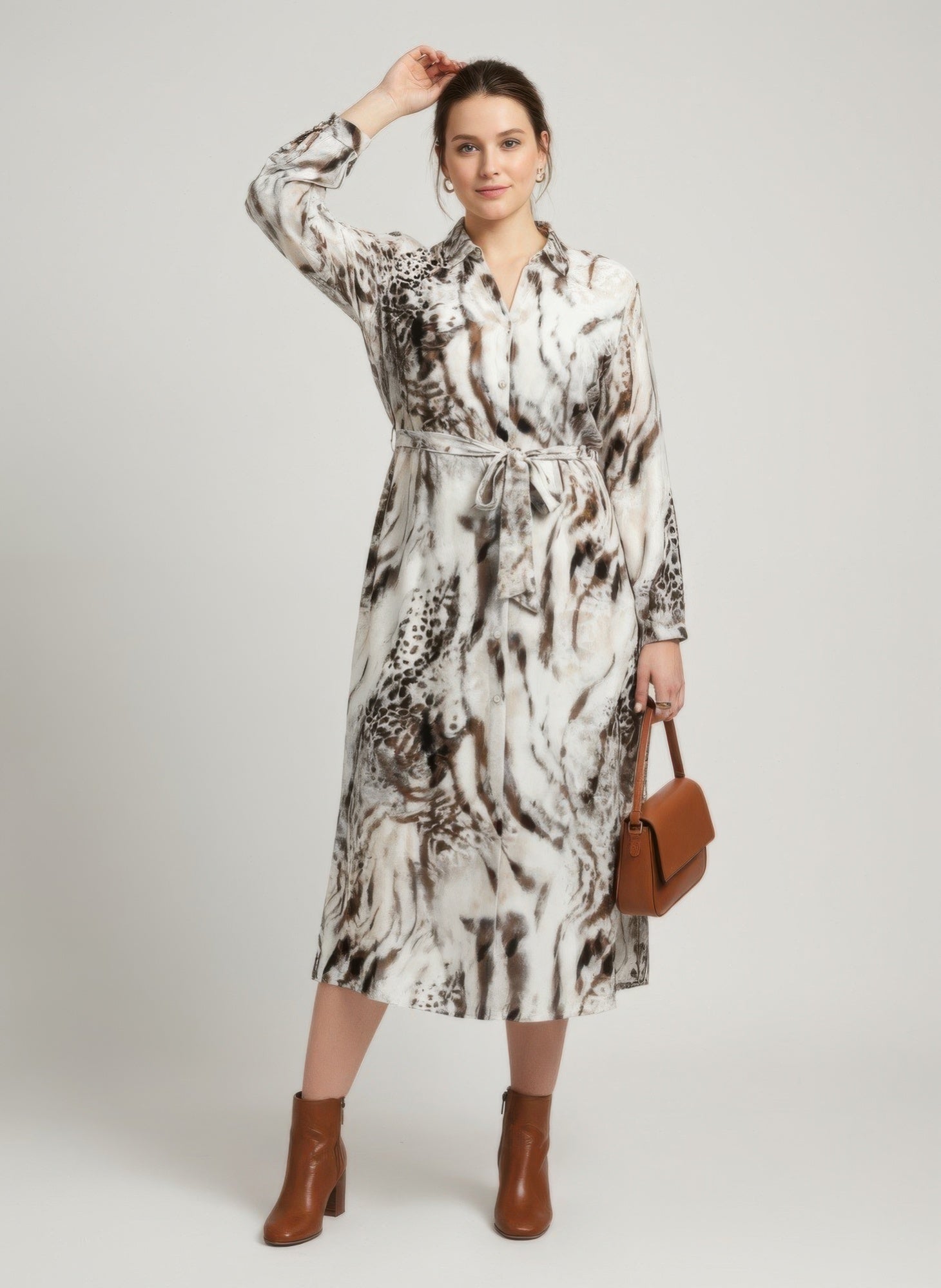 Animal Print Belted Button-front Midi Shirt Dress