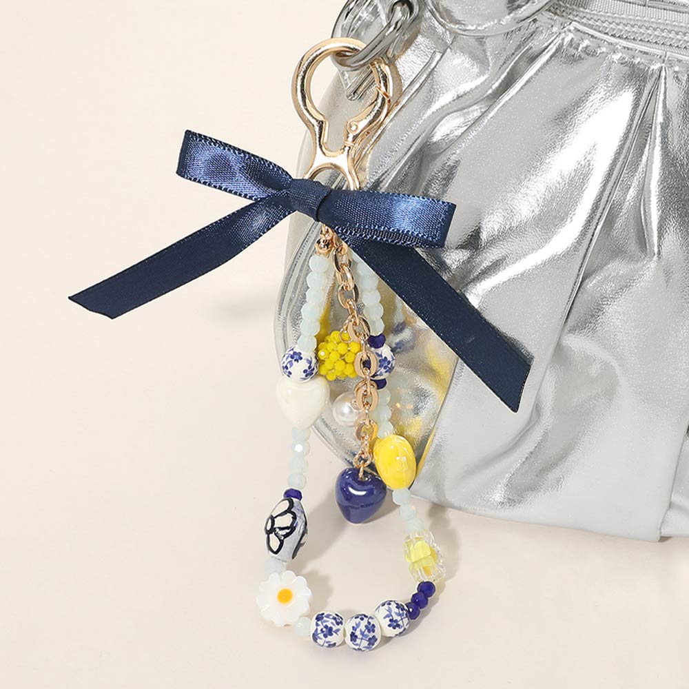Bow Accent Floral Heart Pearl Ceramic Ball Beaded Keychain Bag Charm