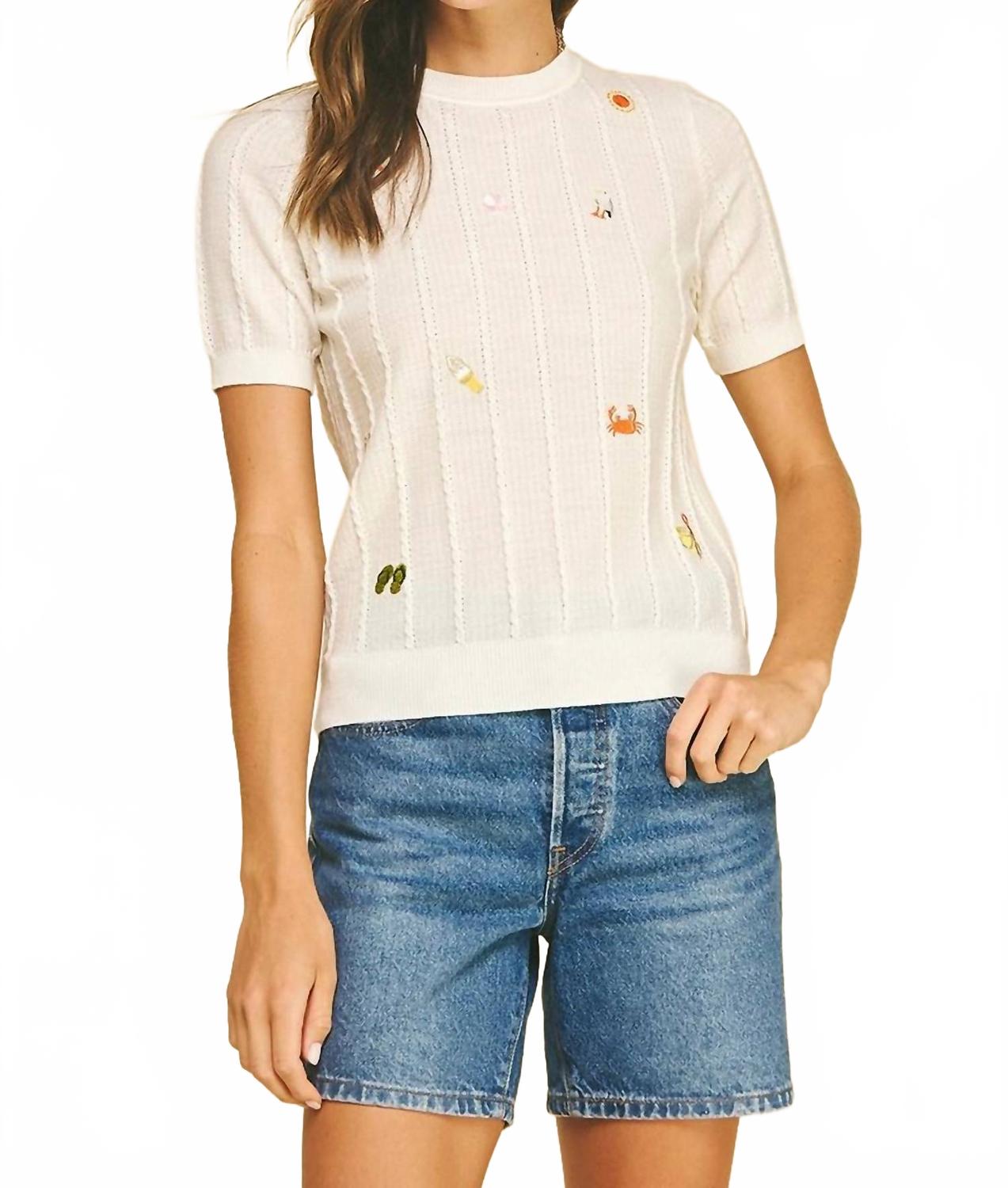Seaside Embroidered Knit Sweater In White
