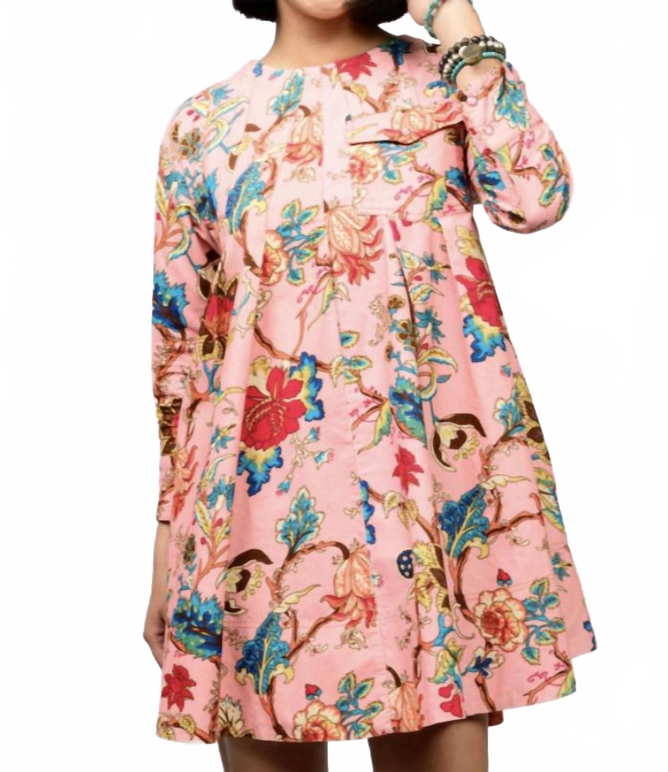 Tuck And Swing Long Sleeve Dress In Pink