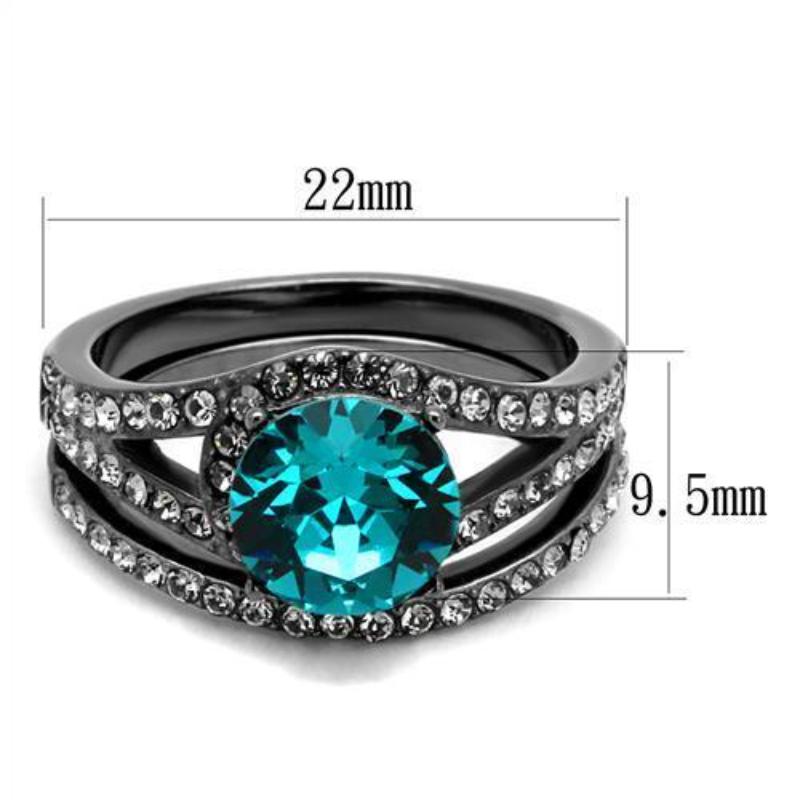 IP Light Black Stainless Steel Ring with Top Grade Crystal in Blue Zircon