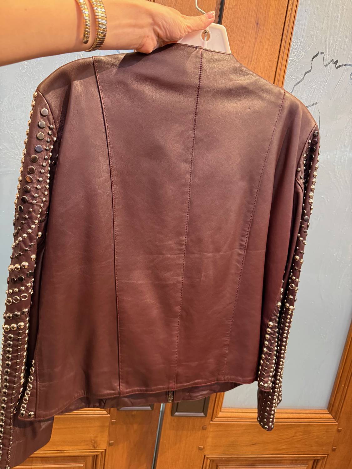 Women's Leather Studded Jacket In Burgundy