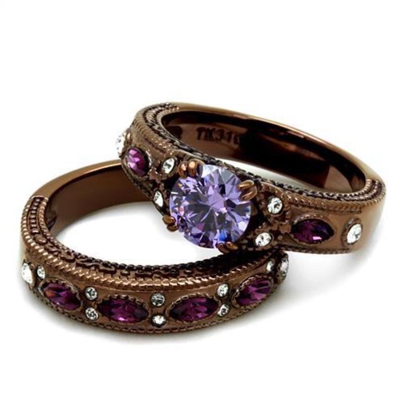 IP Coffee light Stainless Steel Ring with AAA Grade CZ in Amethyst