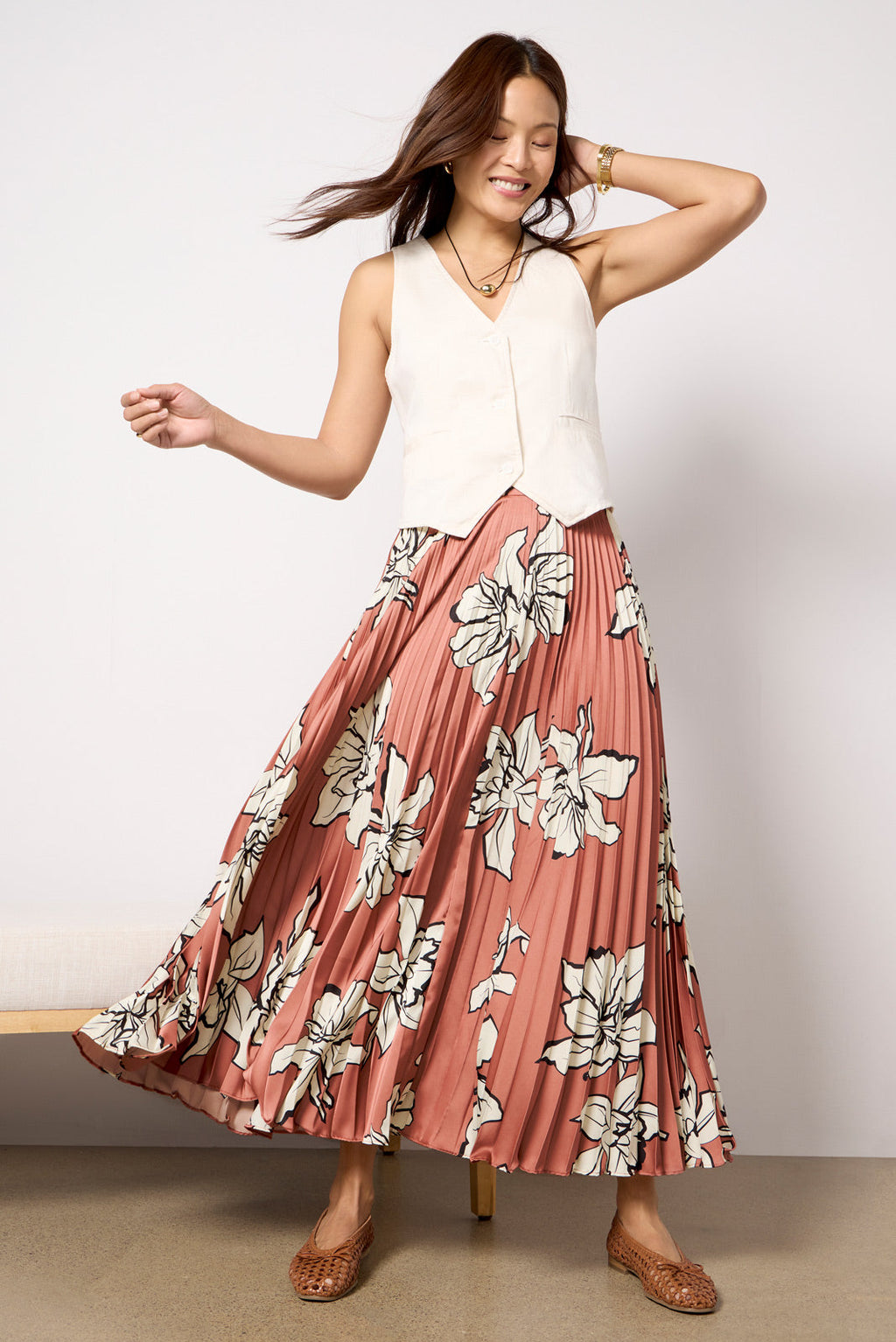 Women's Satin Pleated Midi Skirt