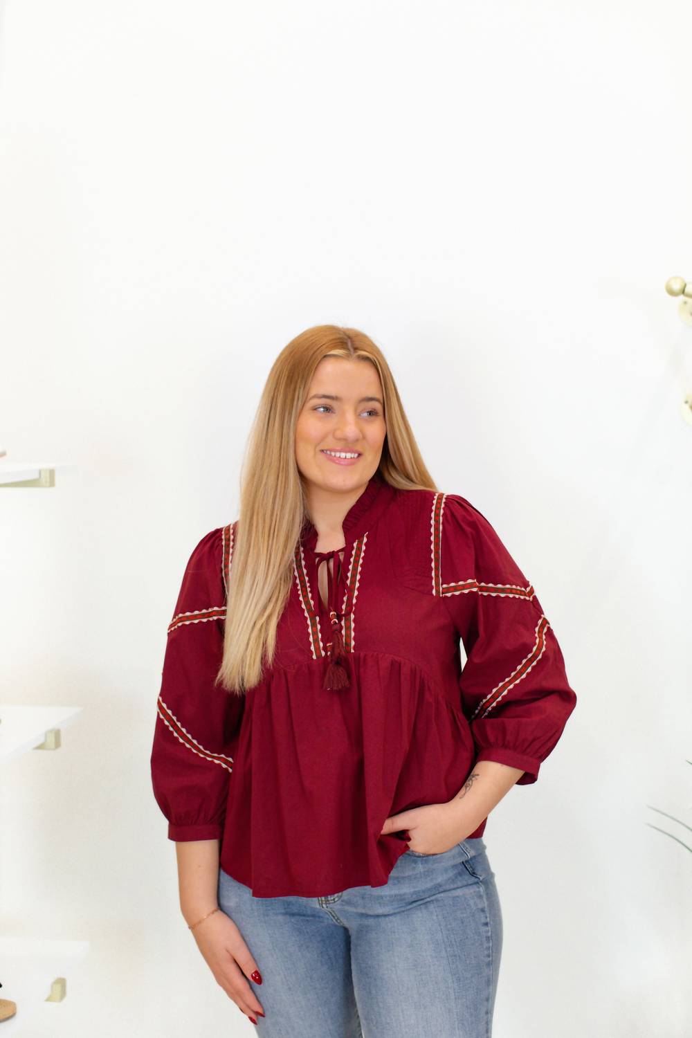 Embroidered Trim Babydoll Blouse In Burgundy