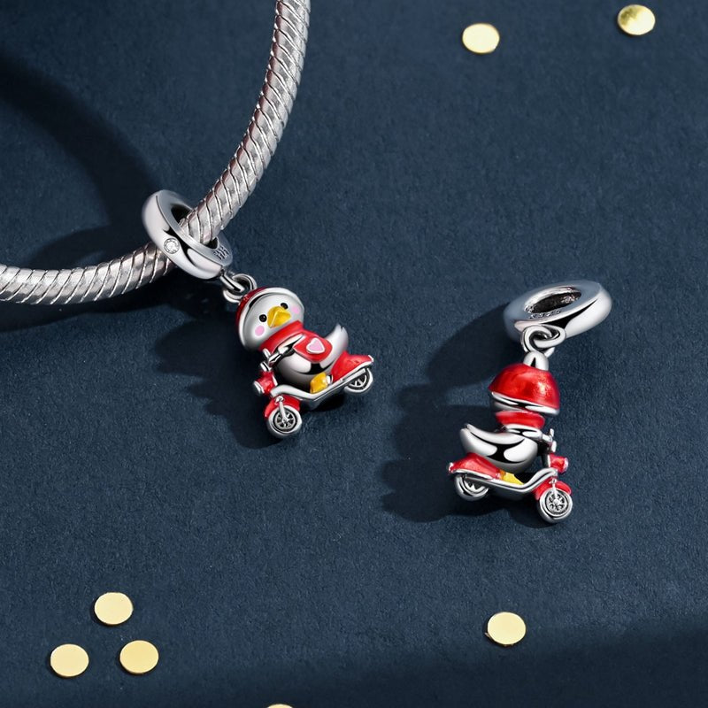 Duck on Scooter with Red Helmet Dangle Charm