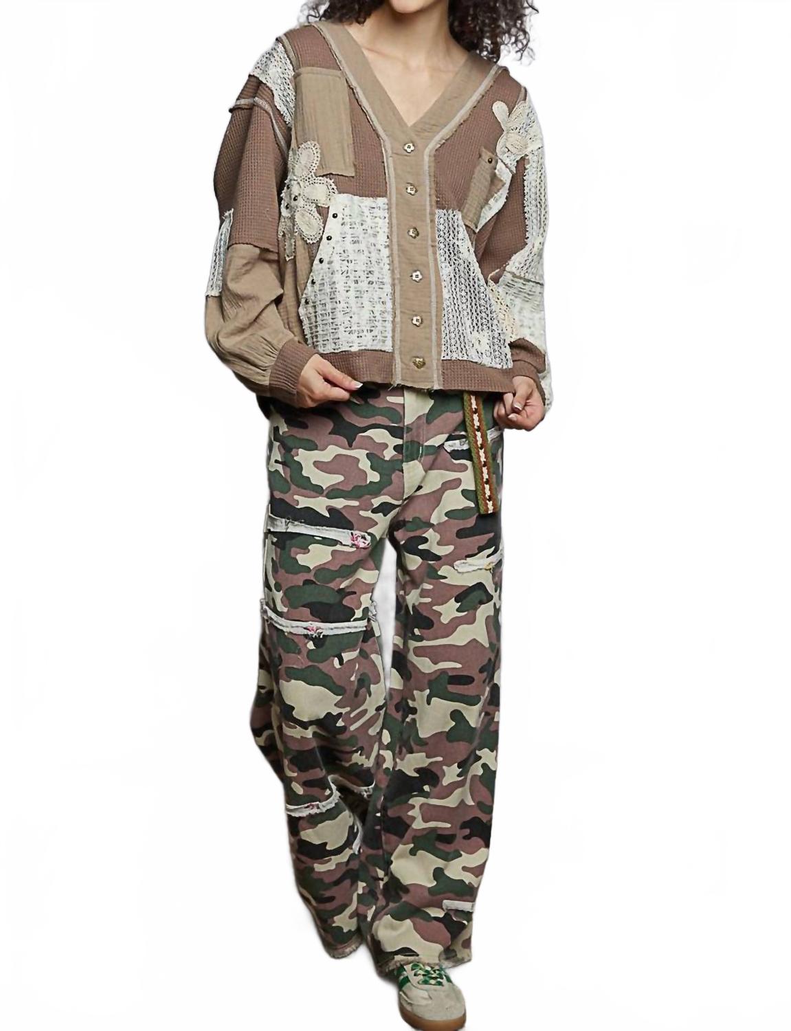Oversize Lace Print Waffle Knit Button Up Top In Mocha