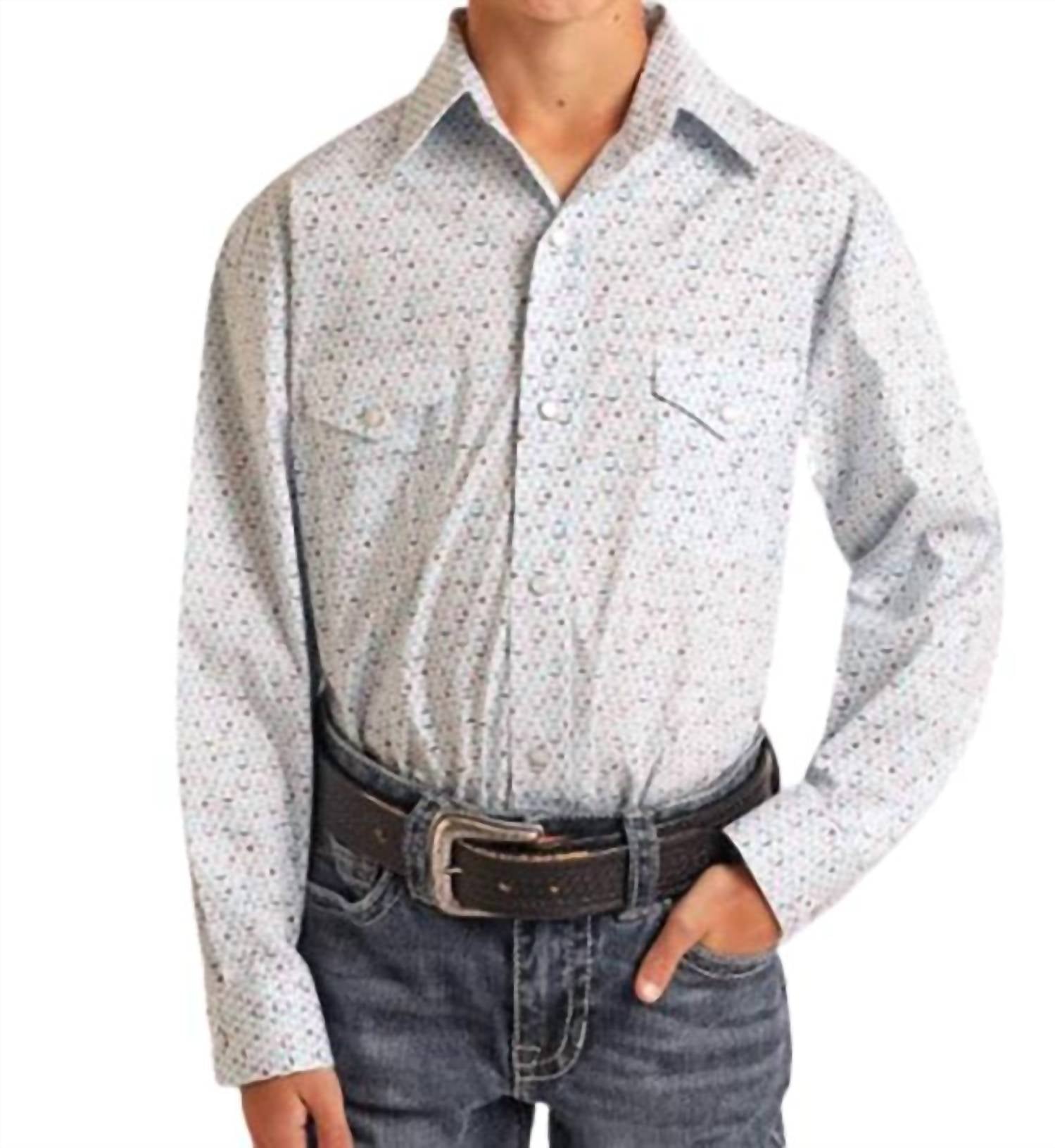 Boys Stretch Geo Print Snap Western Shirt In Blue