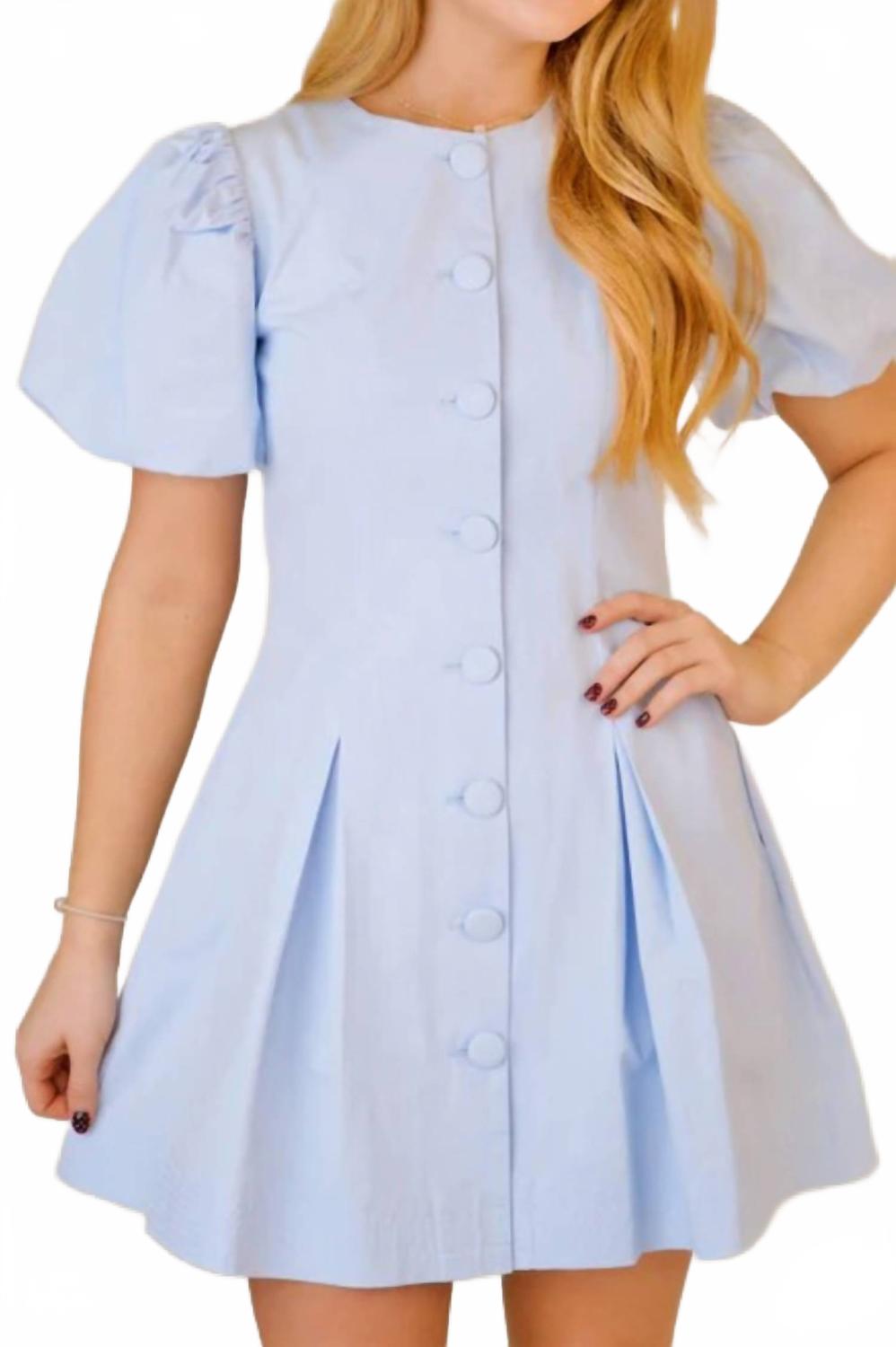 Puff Sleeve Button Dress In Baby Blue