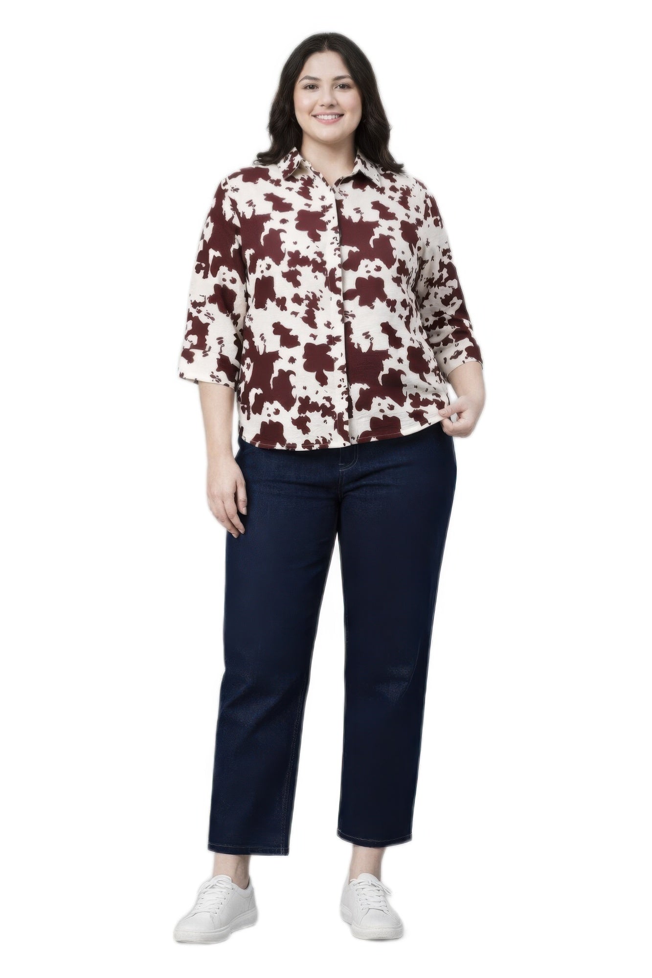 Cow Print 3/4 Sleeve Button-up Shirt
