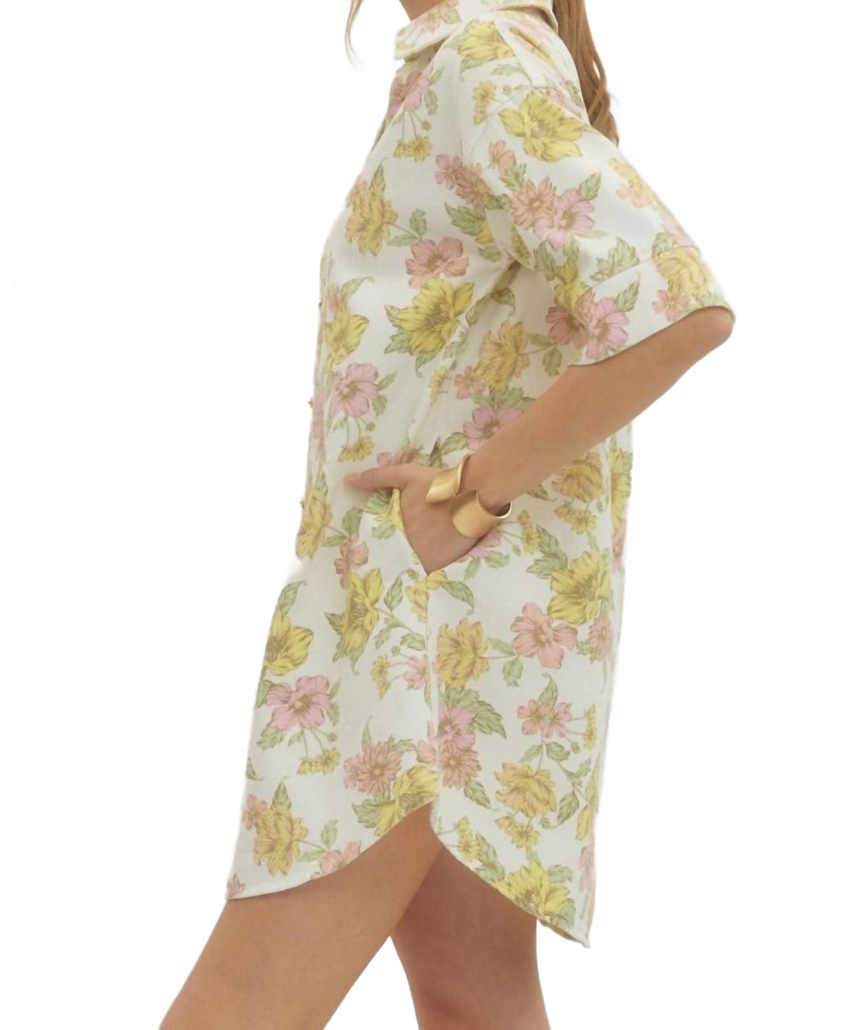 Floral Mini Shirt Dress In Pink And Yellow