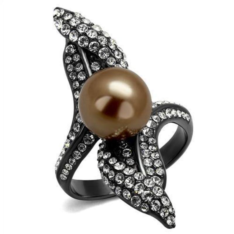 IP Light Black Stainless Steel Ring with Synthetic Pearl in Brown