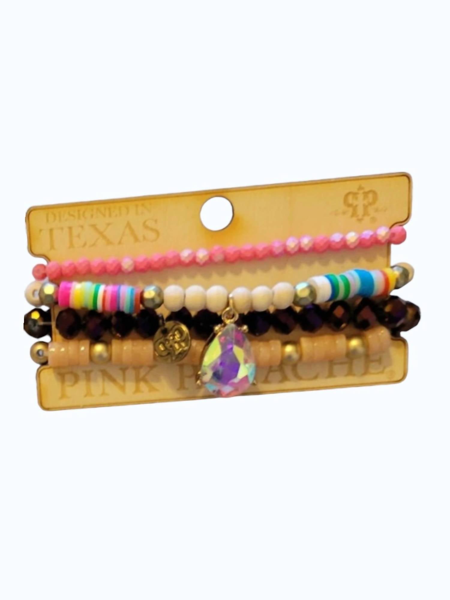Women's Stretch Stack Bracelet Set In Pink/rainbow/purple/tan Beaded