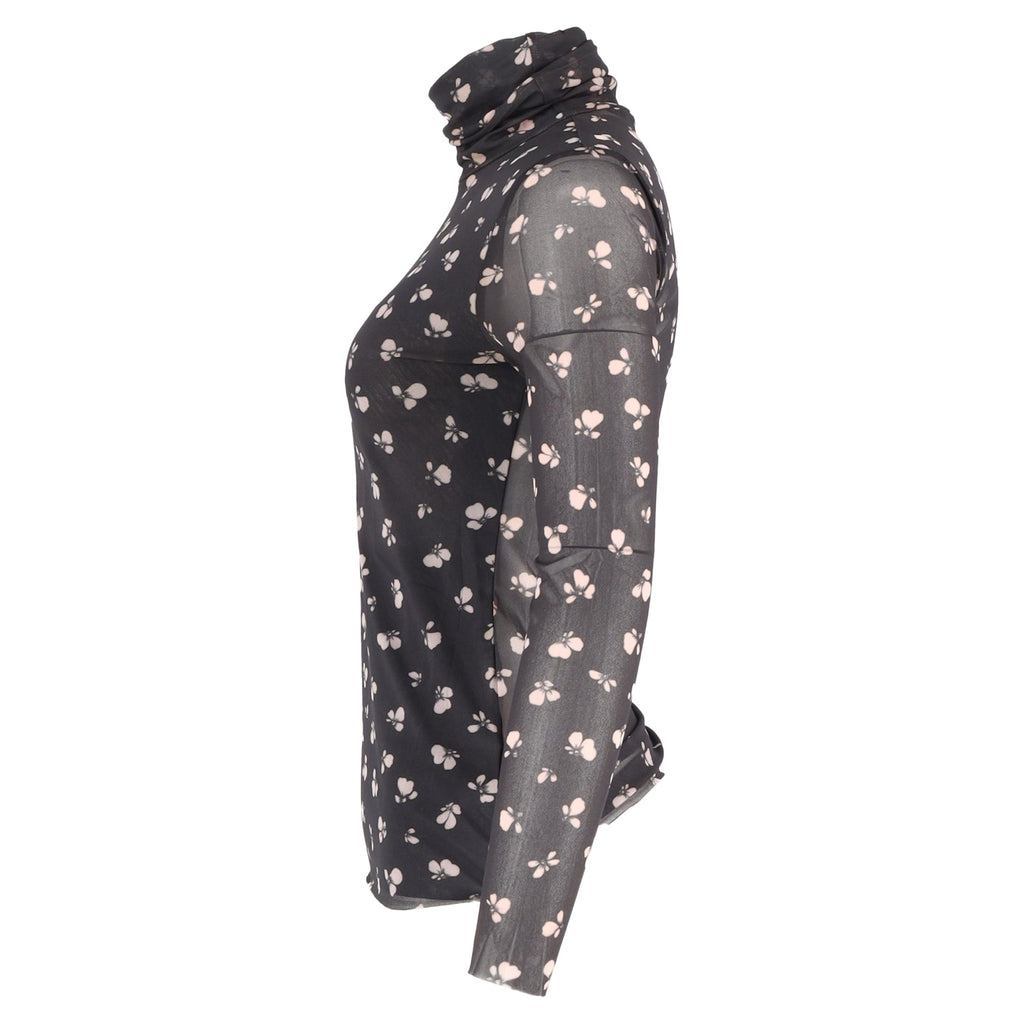 Ganni Tilden Mesh Rollneck Long Sleeve Top in Black Polyamide