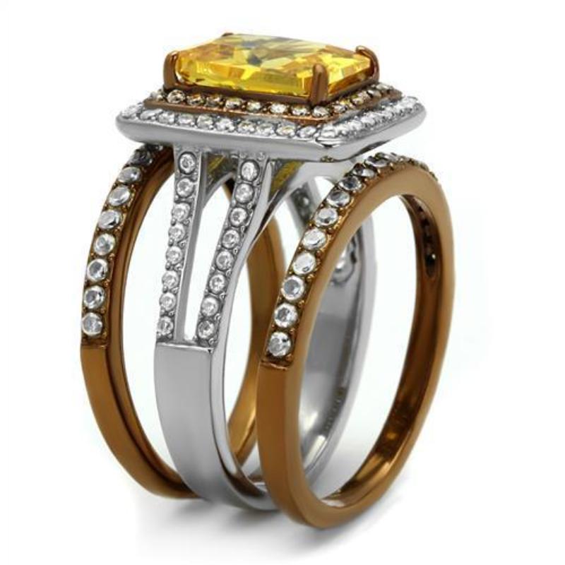 Two Tone IP Light Brown (IP Light coffee) Stainless Steel Ring with AAA Grade CZ in Topaz