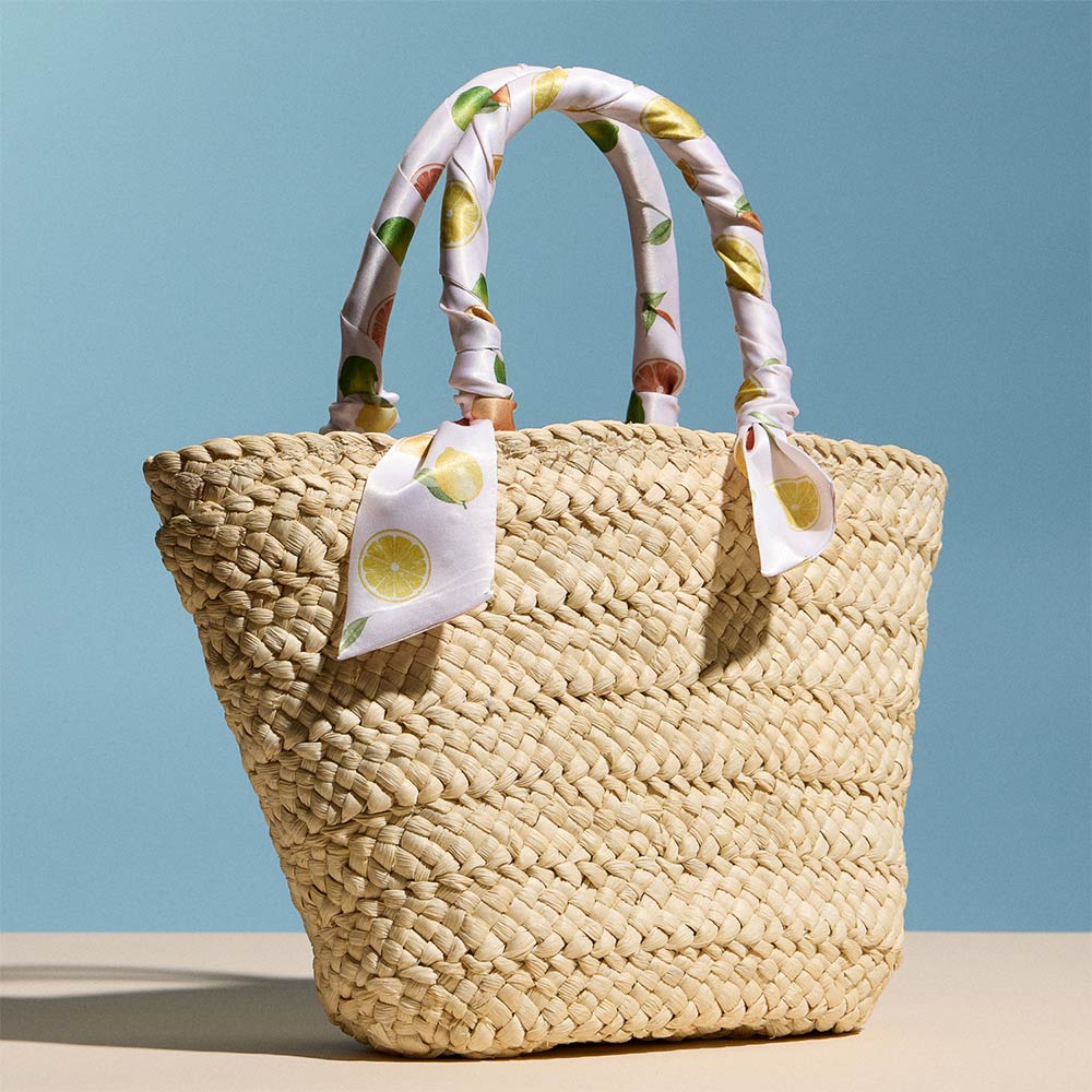 Fruit Print Fabric Scarf Wrapped Handle Raffia Tote Bag