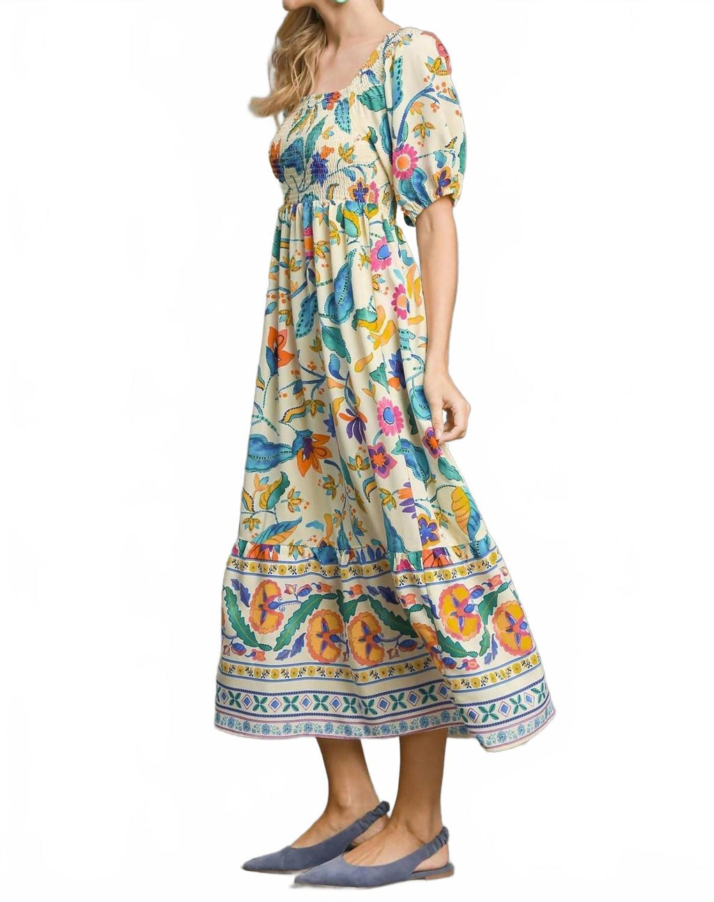 Boho Floral Smocked Maxi Dress In Multicolor