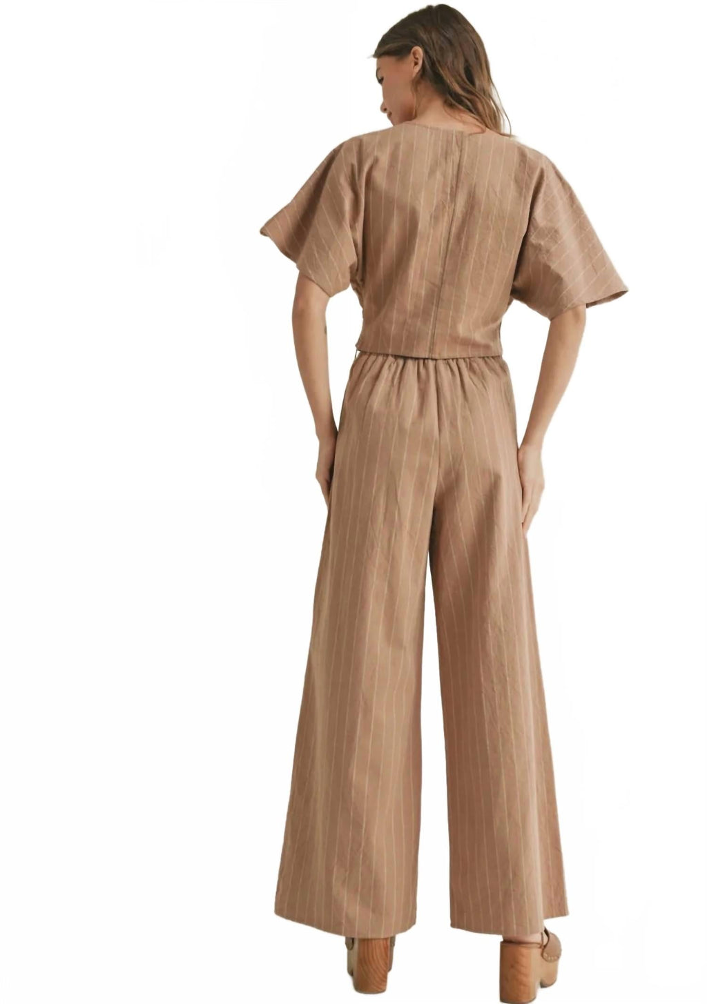 Stripe Pattern Pants With Elastic Waist In Straw/white