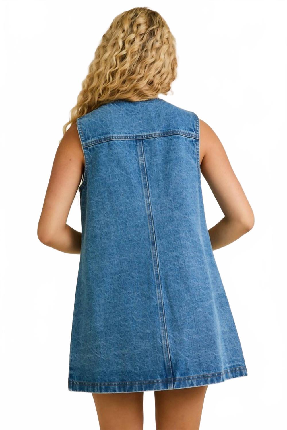 Sleeveless Round Neck Denim Mini Dress In Blue