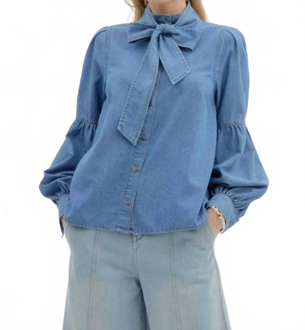 Martina Balloon Sleeve Button Down Tencel Shirt In Chambray
