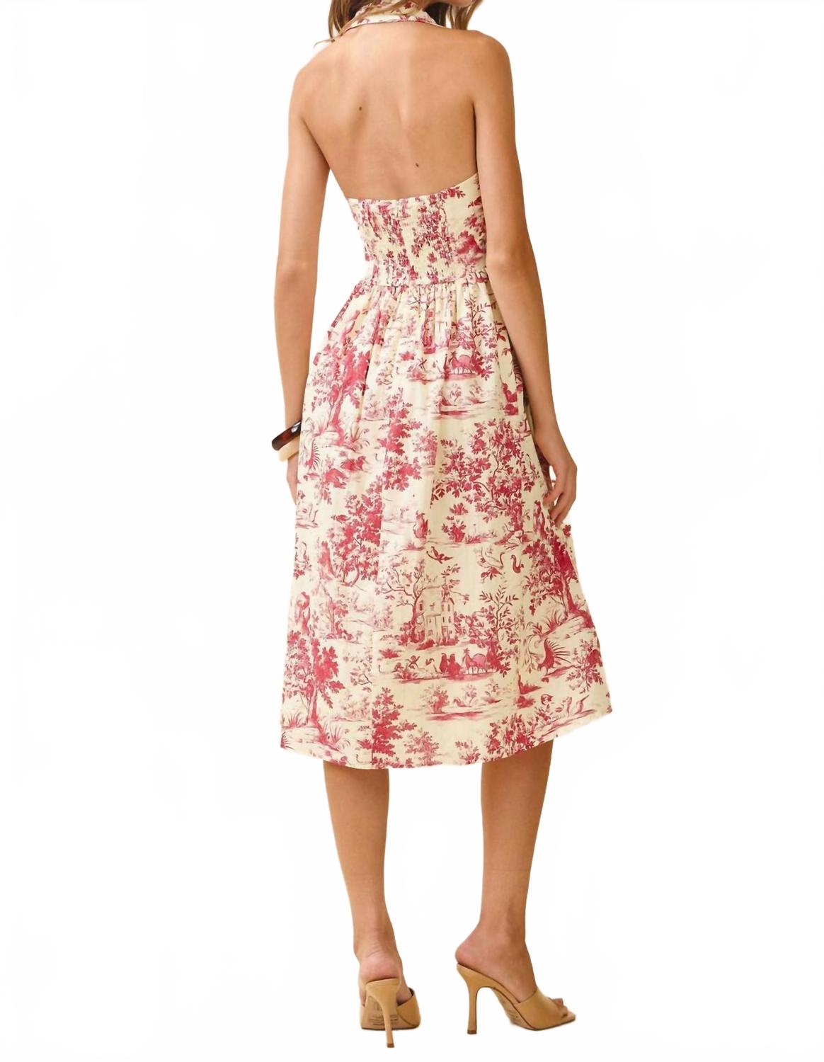 Abstract Print V-Neck Halter Midi Dress In Burgundy