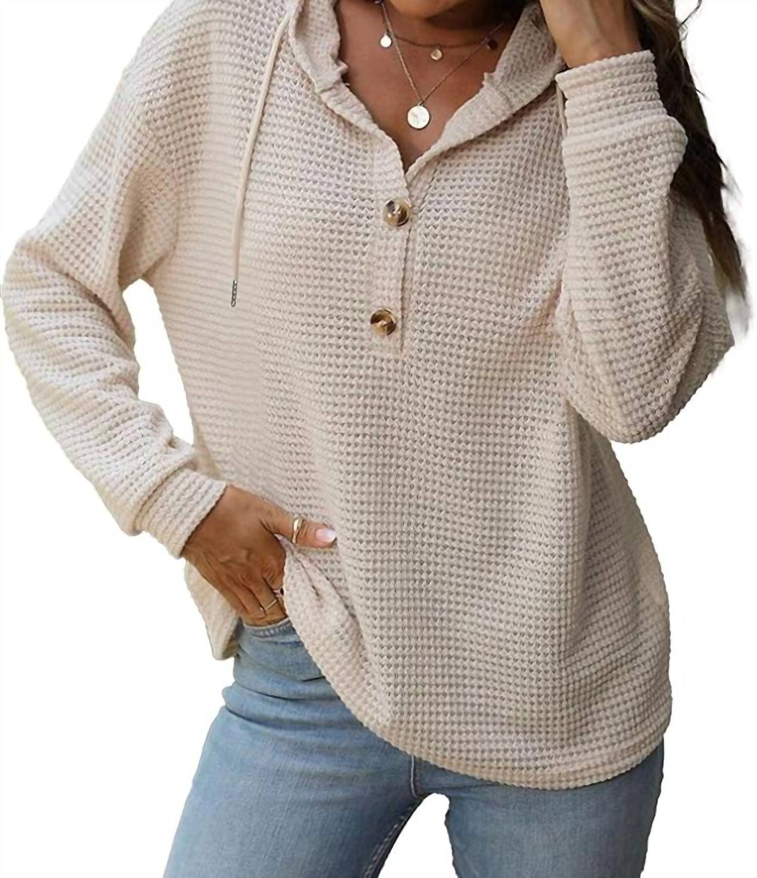 Waffle Button-Up Hoodie Pullover In Apricot