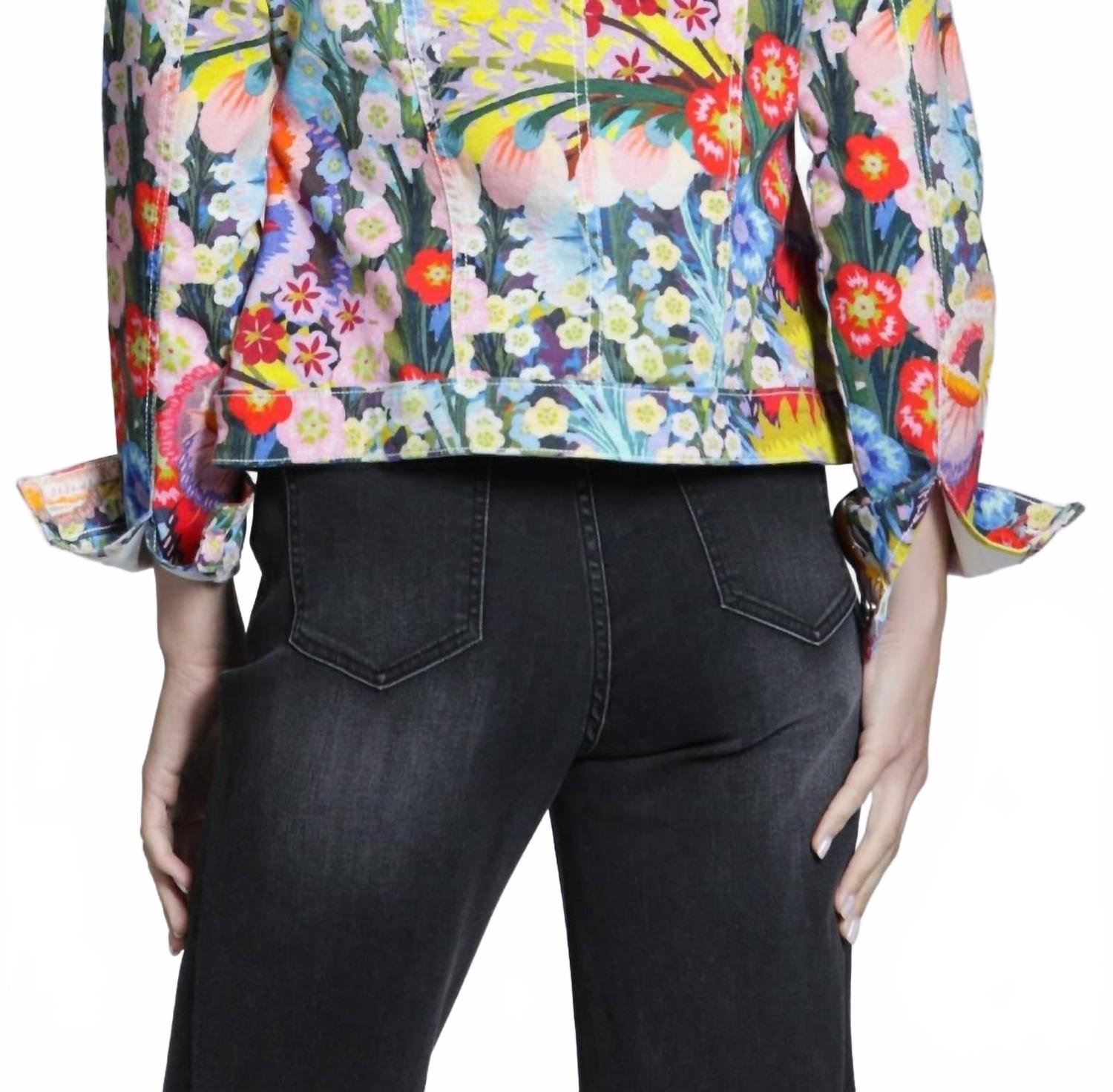 Printed Stretch Denim Trucker Jacket In Painted Meadow