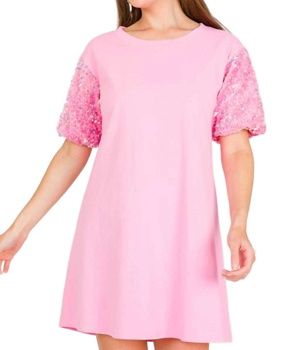 Sequin Sleeve Shirt Dress In Pink