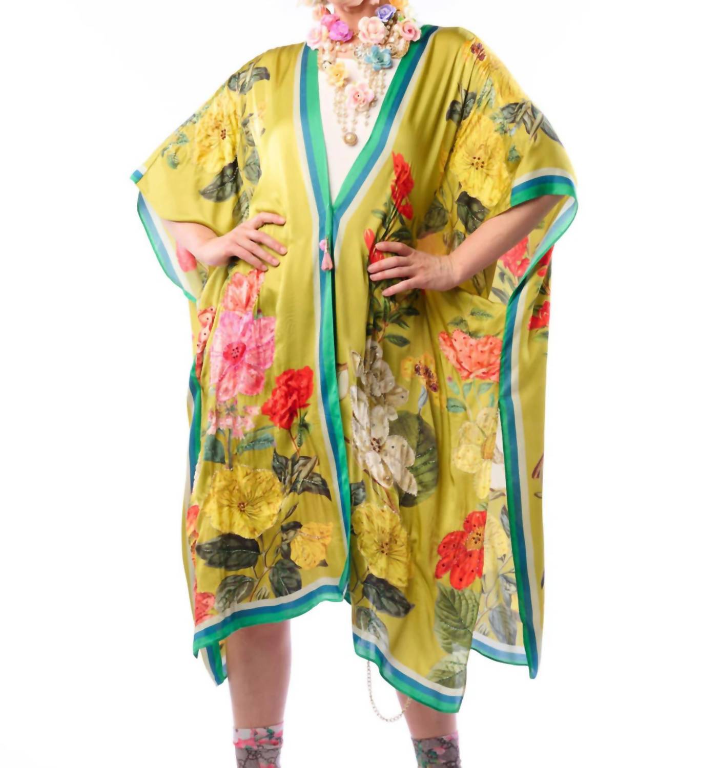 French Riviera Kimono In Olive Floral