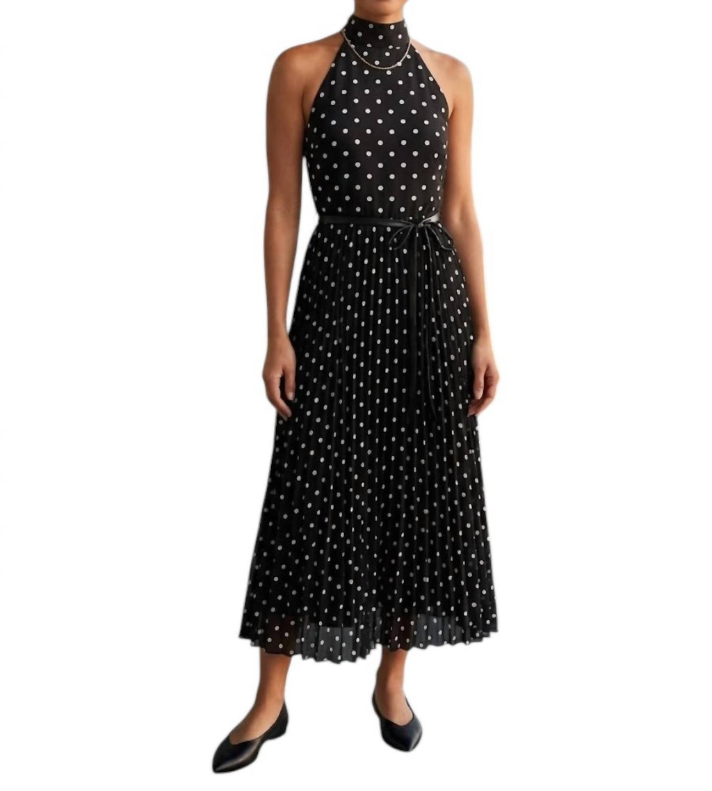 Polka Dot Pleated Midi Dress In Black/white