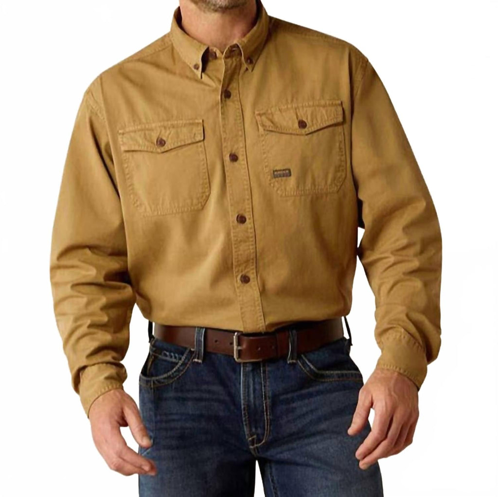 Men's Washed Twill Work Button Down Shirt In Khaki