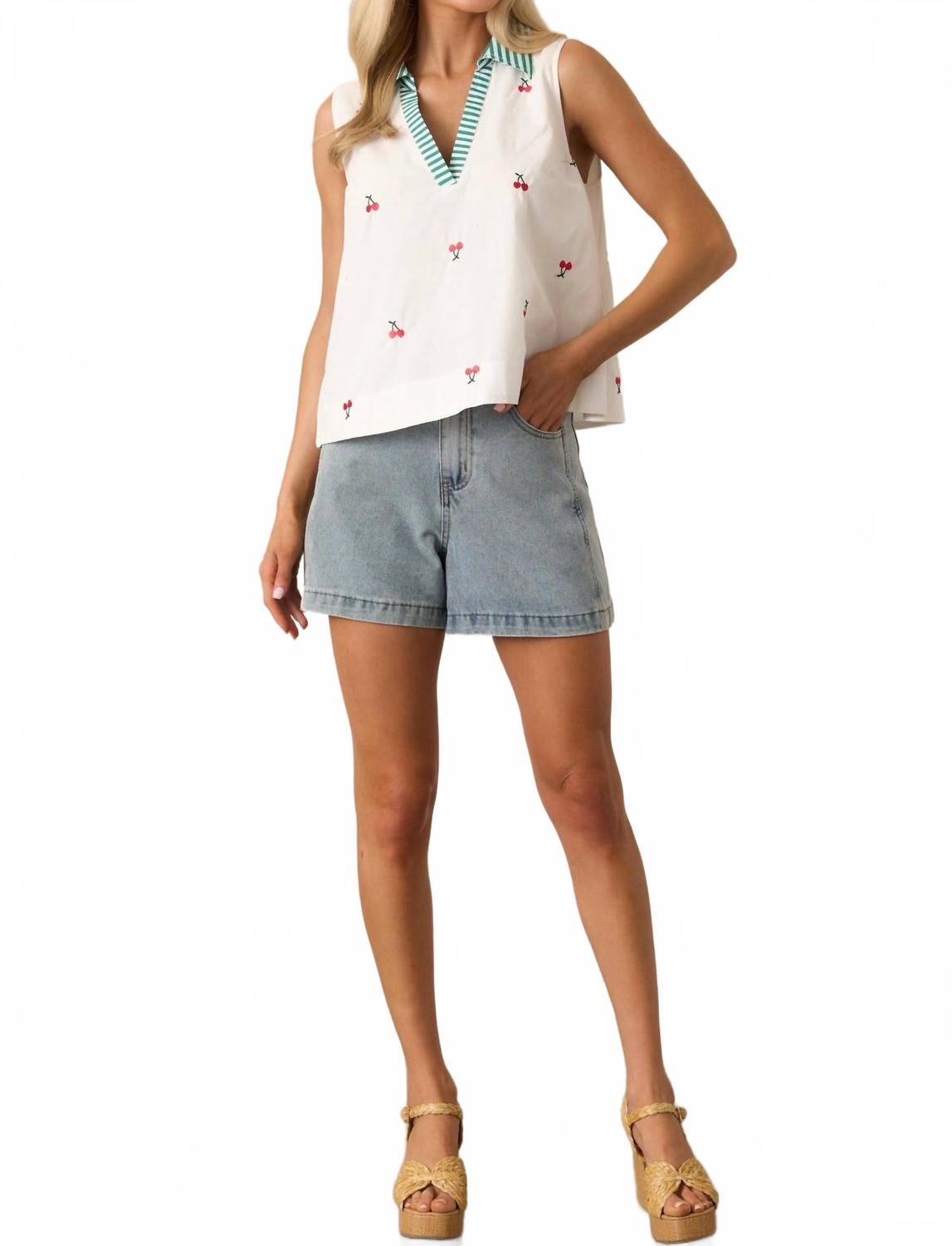 Fruit Pattern Shirt Collar Sleeveless Top In Cherry
