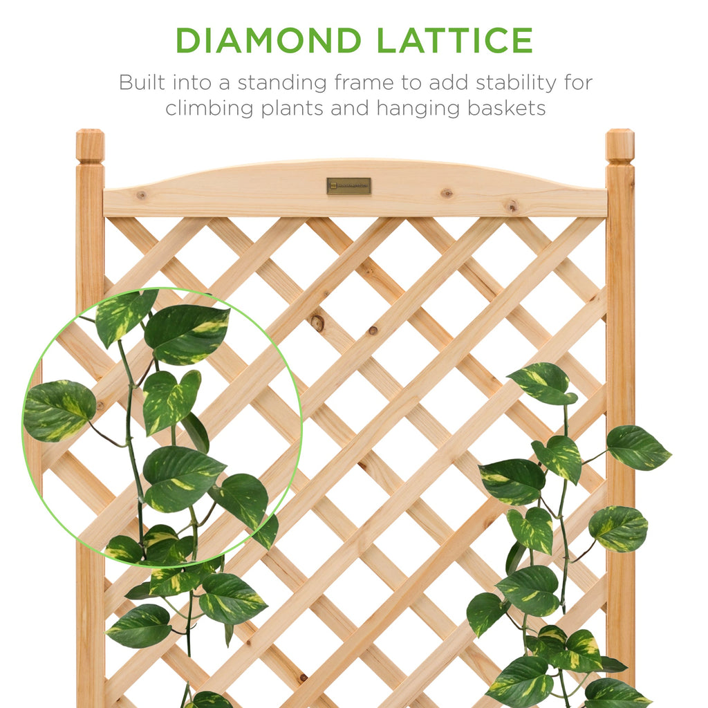 Best Choice Products Set of 2 48in Wood Planter Box & Diamond Lattice Trellis, w/ Drainage, Optional Wheels - Natural