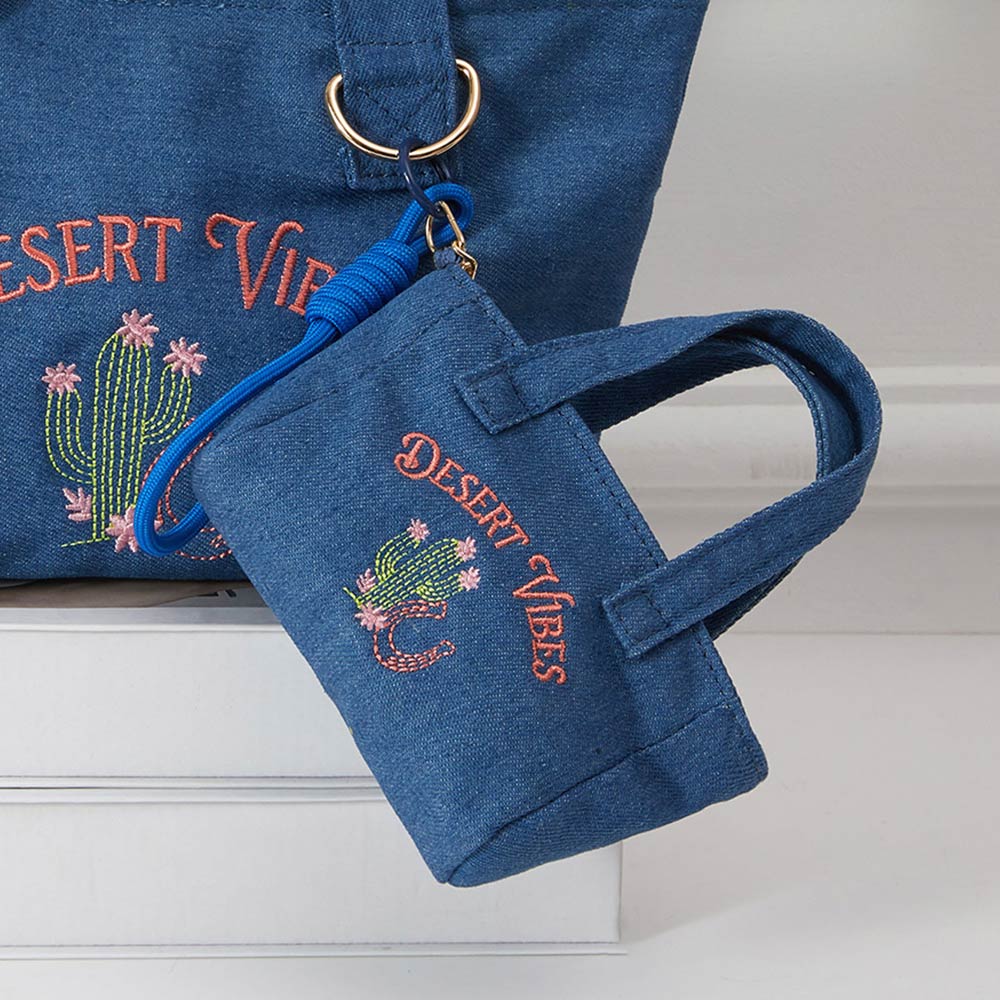 Desert Vibes Cactus Embroidered Mini Canvas Tote Bag Keychain Bag Charm