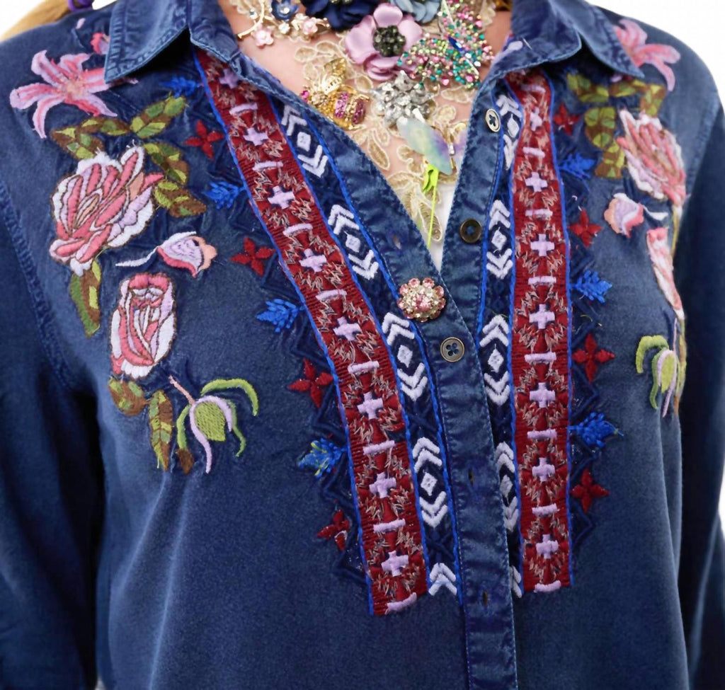 Crafted Embroidered Button-Down Shirt In Denim Blue