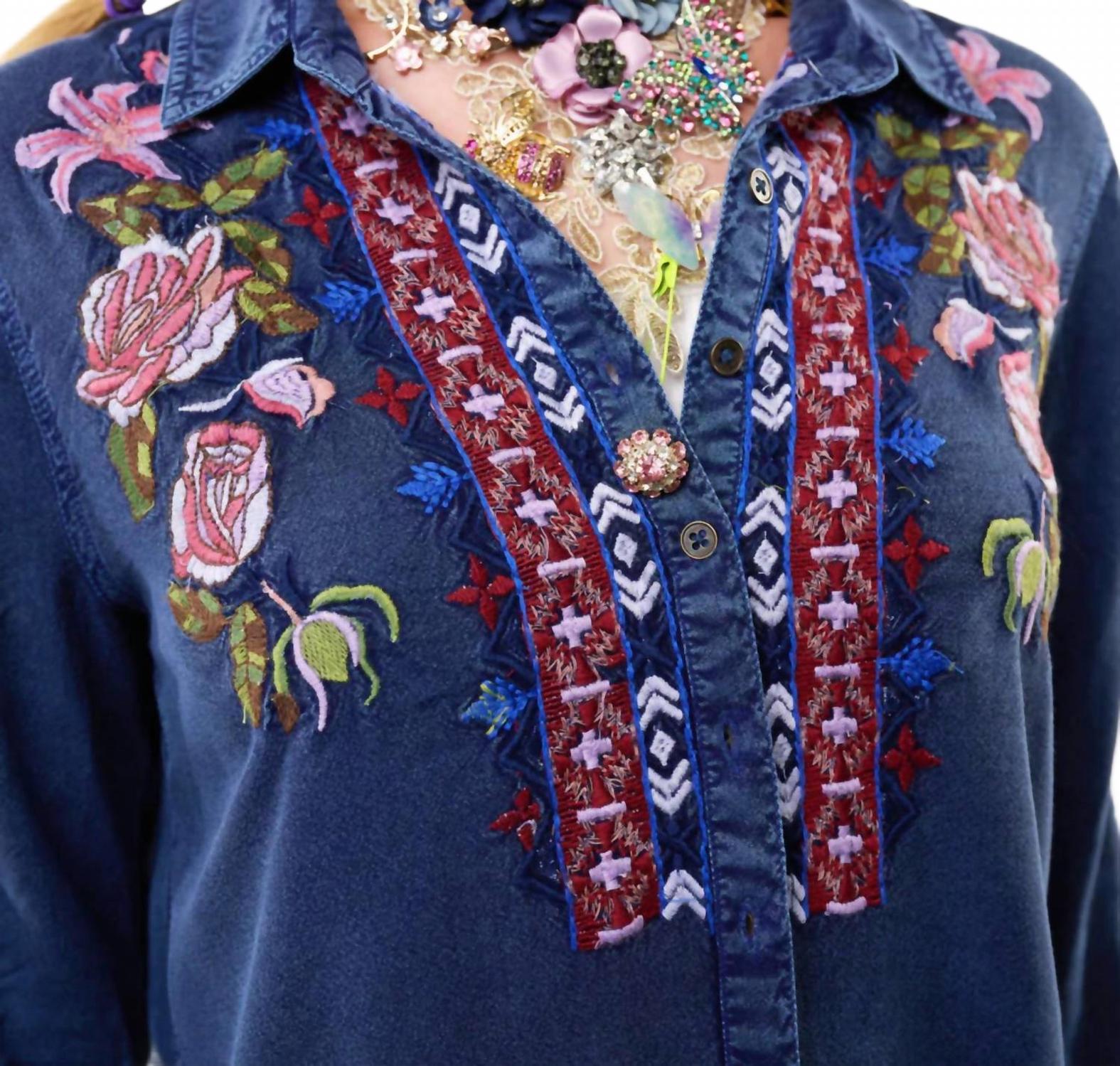 Crafted Embroidered Button-Down Shirt In Denim Blue