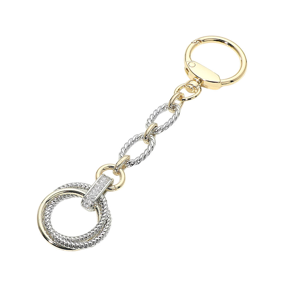 14K Gold Plated Two Tone CZ Pave Double Ring Drop Keychain Bag Charm