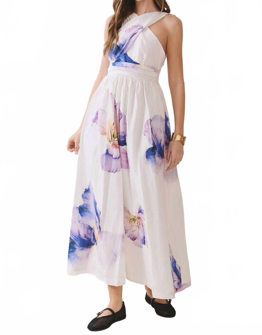Floral Print Cross Halter Neck Midi Dress In Off White