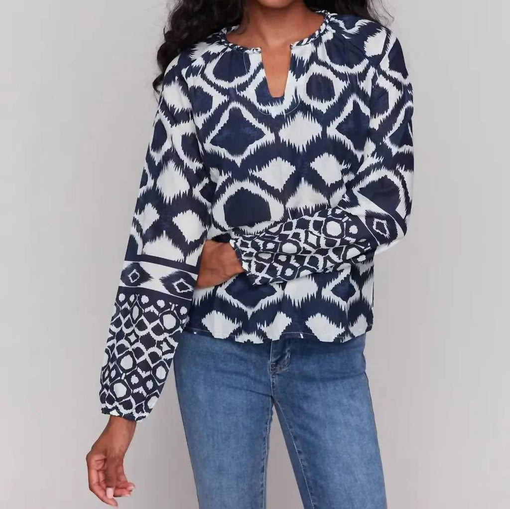 Printed Raglan Long Sleeve Popover Blouse In Navy & Cream