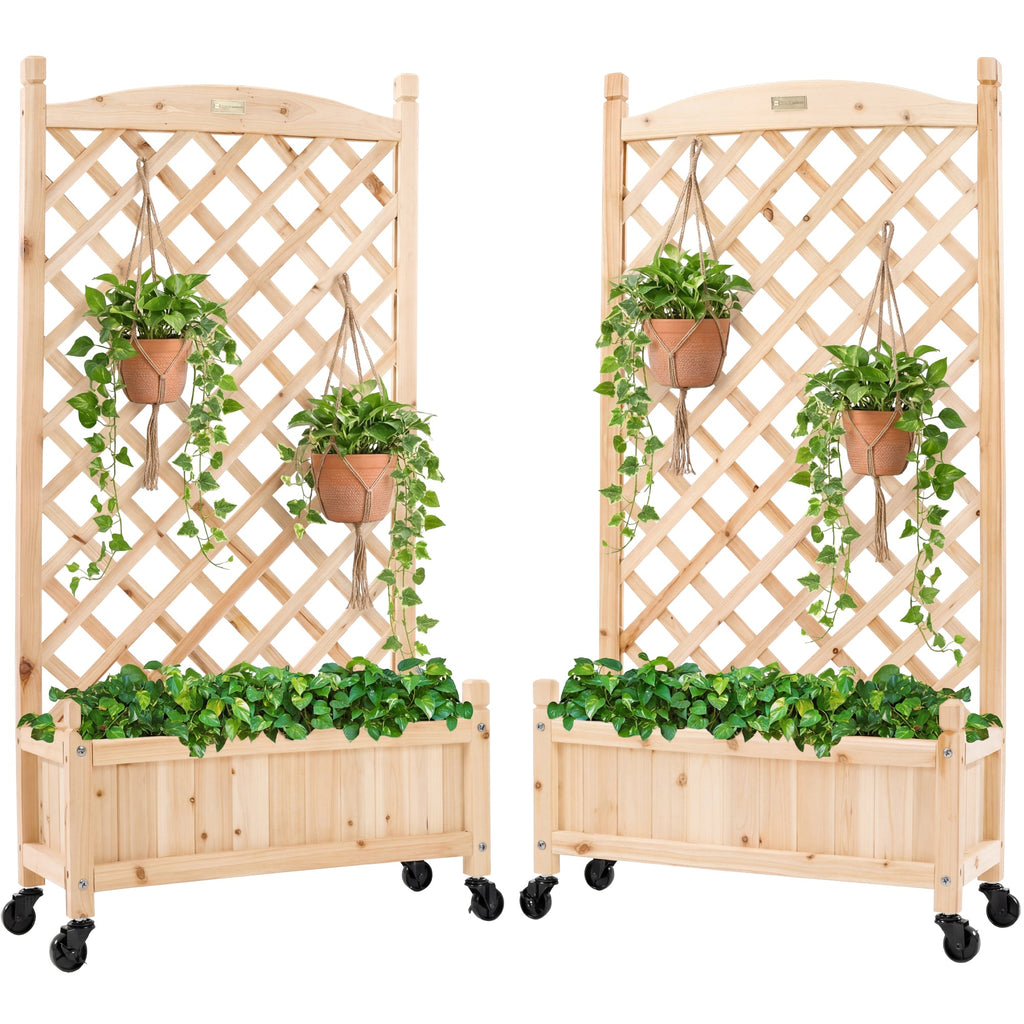 Best Choice Products Set of 2 48in Wood Planter Box & Diamond Lattice Trellis, w/ Drainage, Optional Wheels - Natural