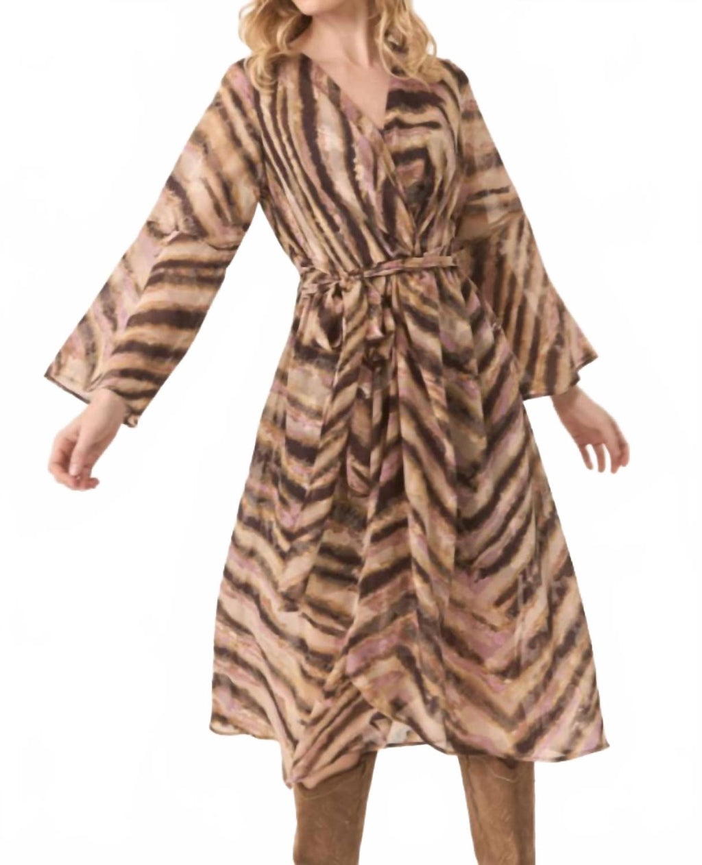 Fluid Tie Waist Wrap Dress In Sand