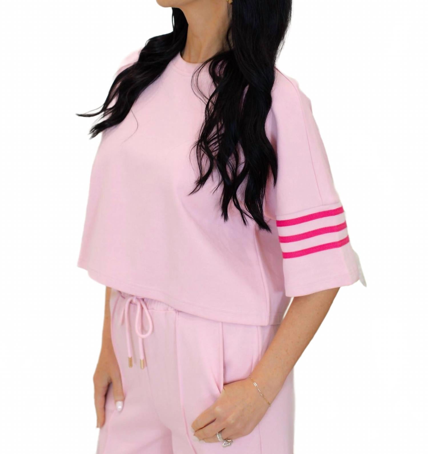Luna Short Sleeve Knit Top And Wide Leg Pants Set In Pink