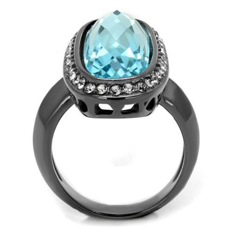 IP Light Black Stainless Steel Ring with Top Grade Crystal in Sea Blue