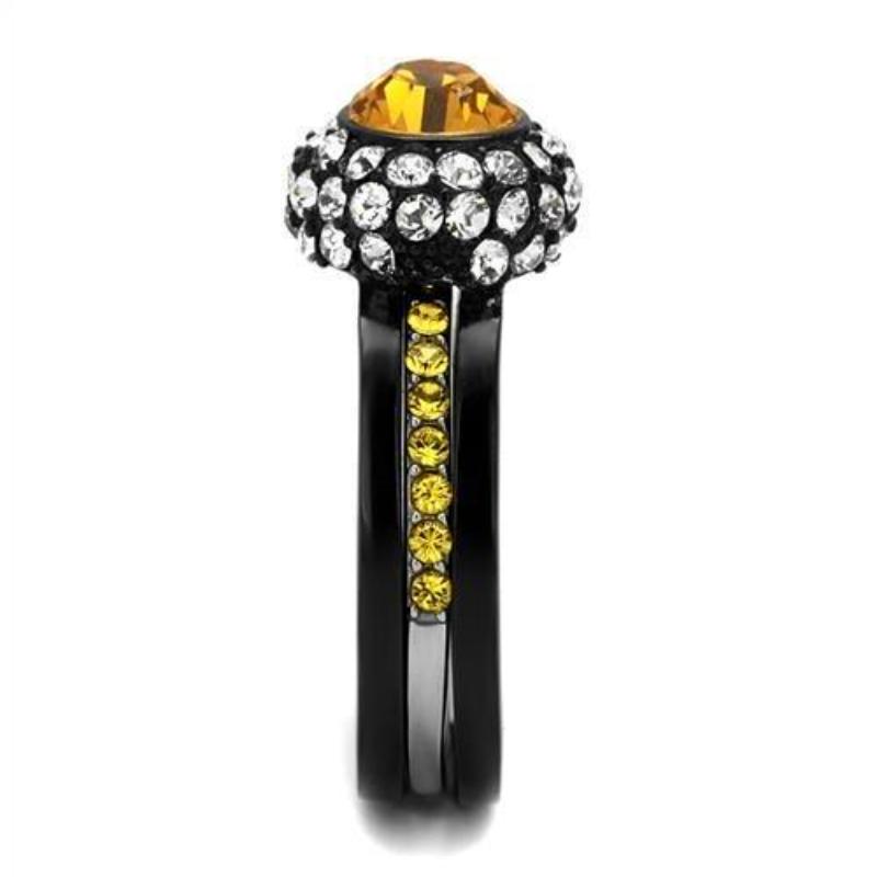 Two-Tone IP Black (Ion Plating) Stainless Steel Ring with Top Grade Crystal in Topaz