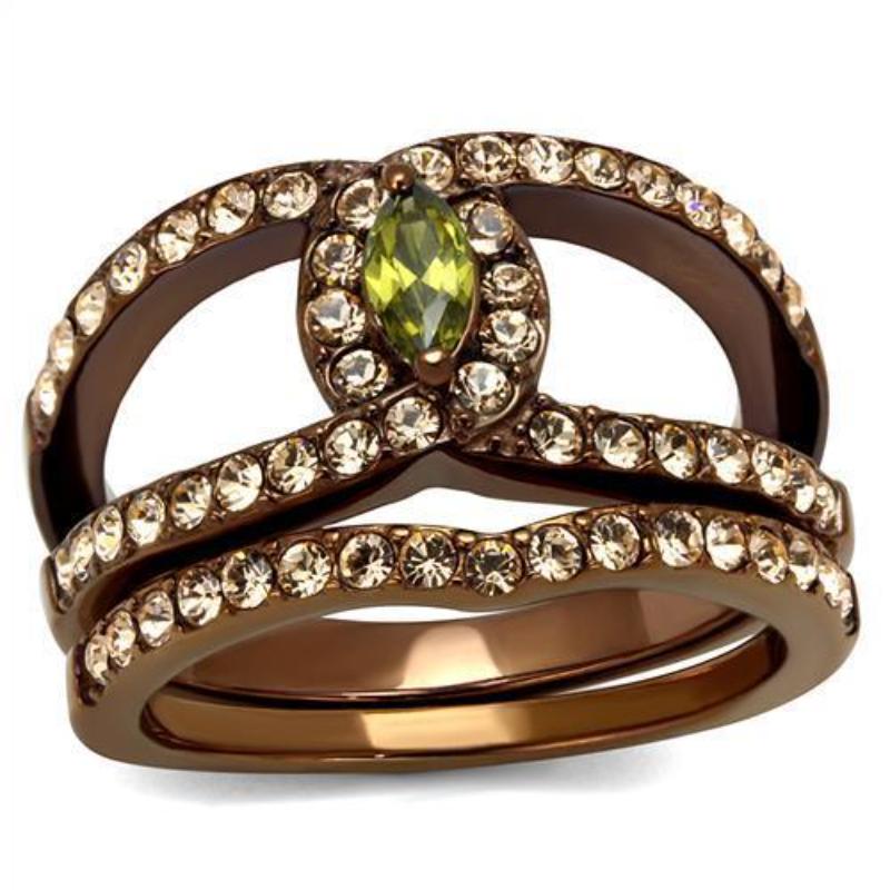 IP Coffee light Stainless Steel Ring with AAA Grade CZ in Olivine color